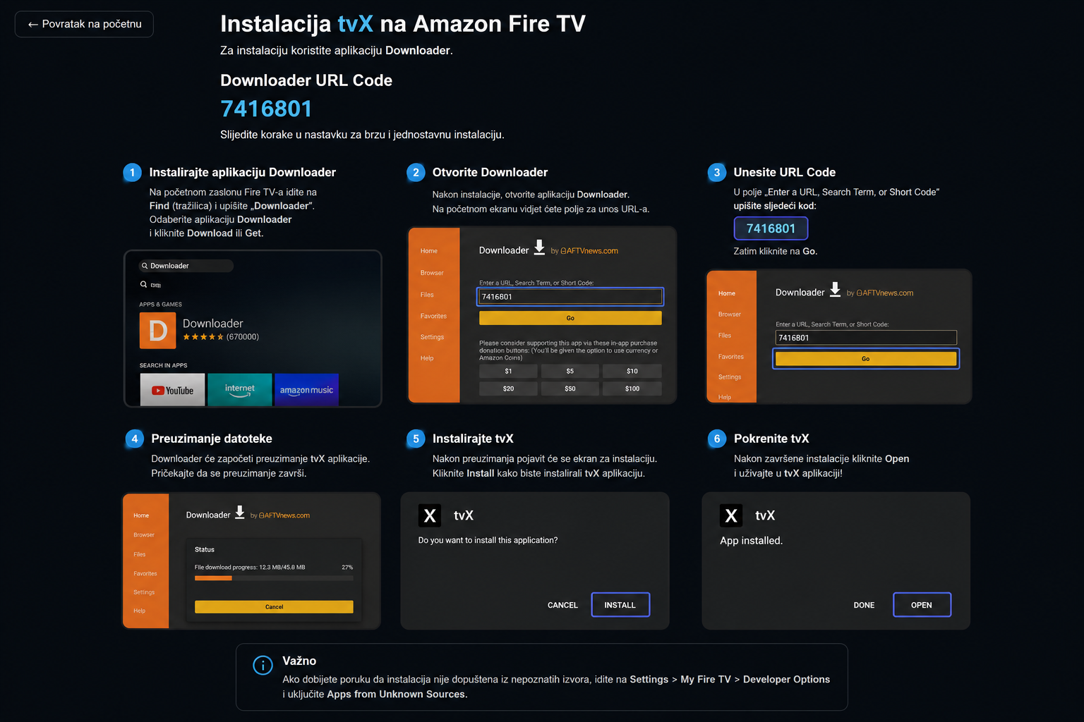 Vodič za instalaciju tvX aplikacije na Amazon Fire TV pomoću Downloader URL Code 7416801